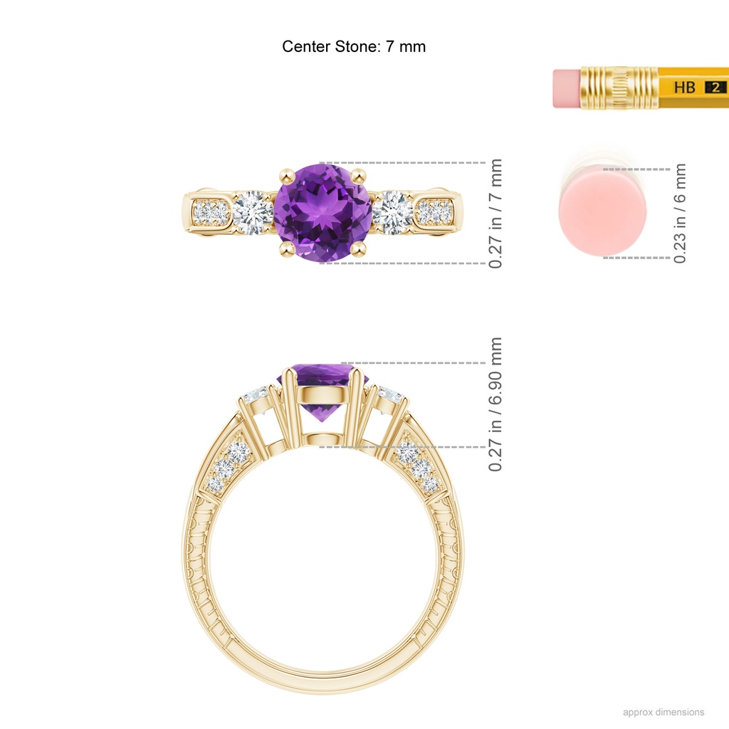 7mm AAA Three Stone Round Amethyst and Diamond Ring in 10K Yellow Gold Ruler