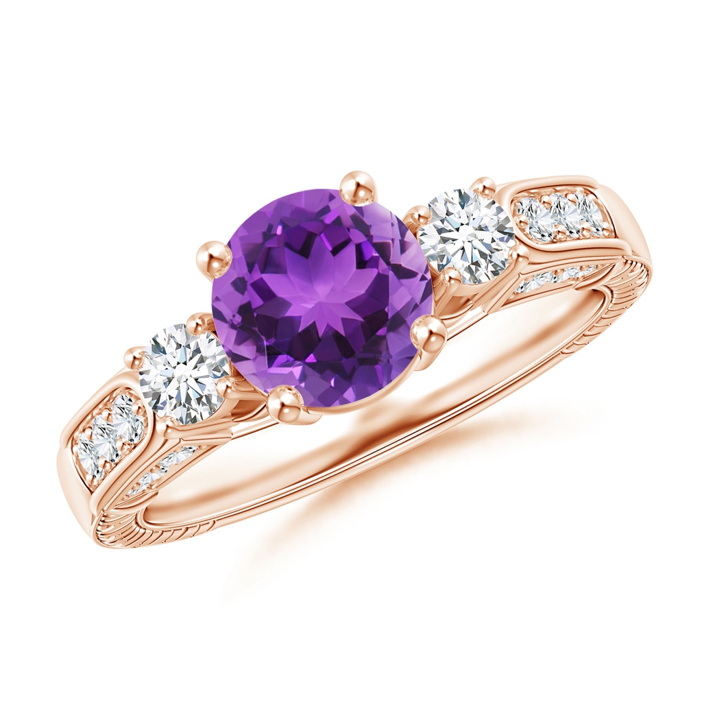 7mm AAA Three Stone Round Amethyst and Diamond Ring in Rose Gold 