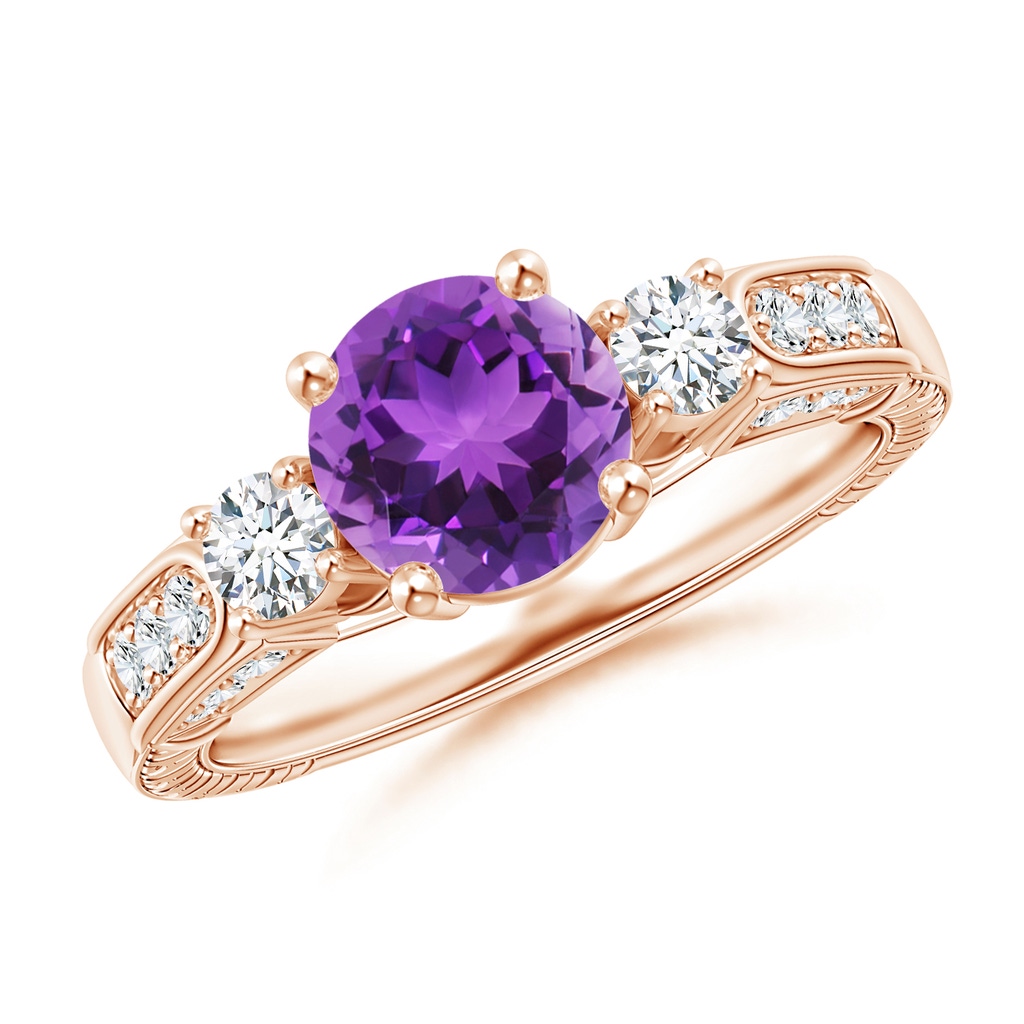 7mm AAA Three Stone Round Amethyst and Diamond Ring in Rose Gold