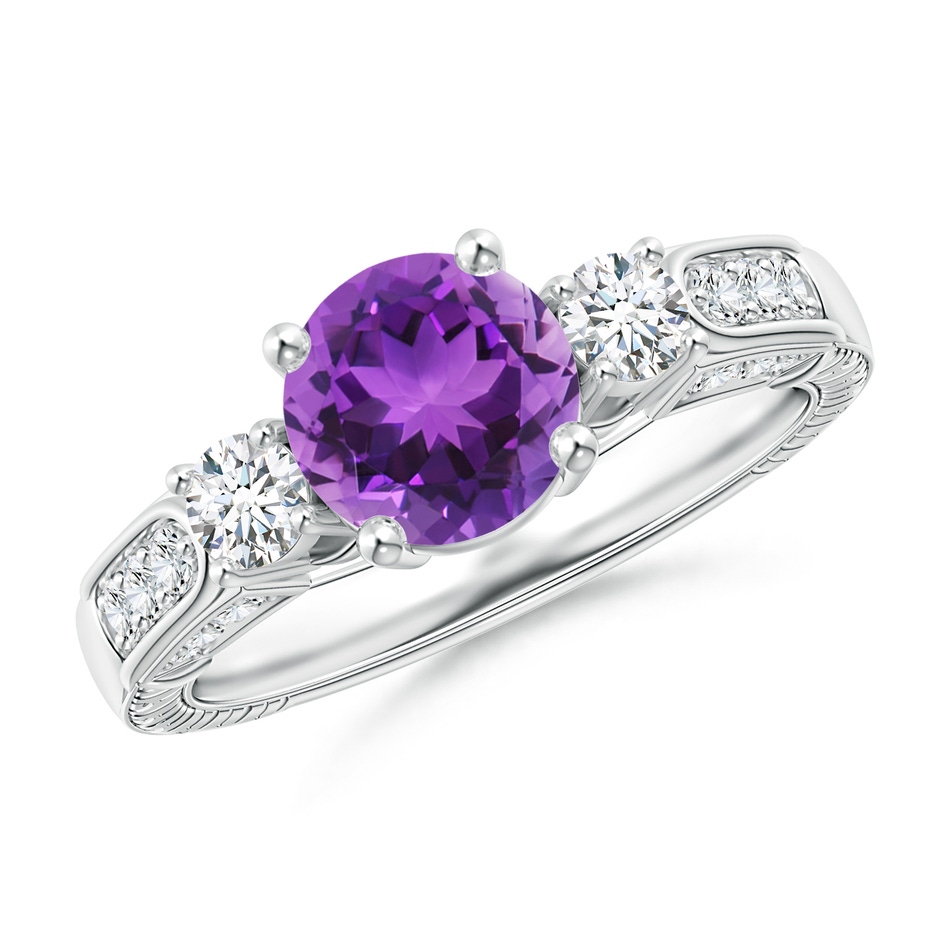 7mm AAA Three Stone Round Amethyst and Diamond Ring in White Gold 