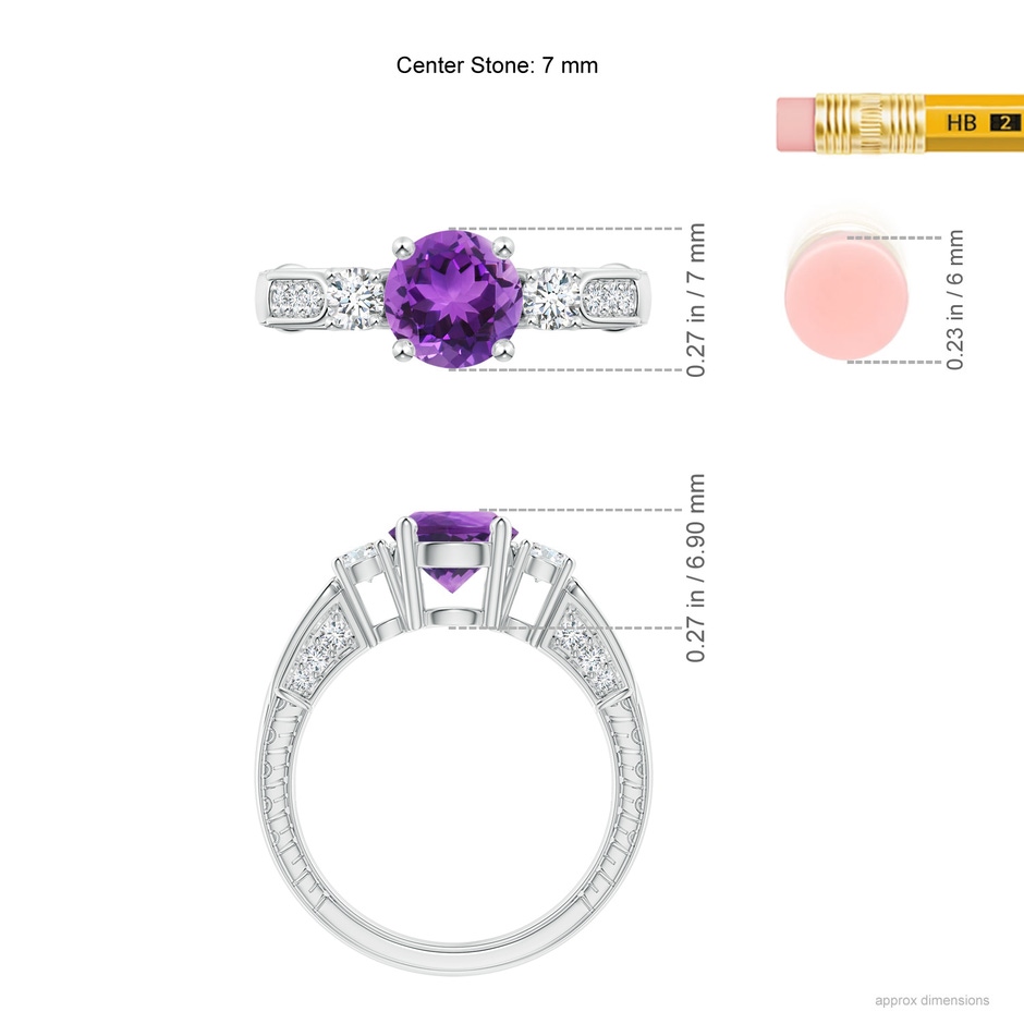 7mm AAA Three Stone Round Amethyst and Diamond Ring in White Gold ruler