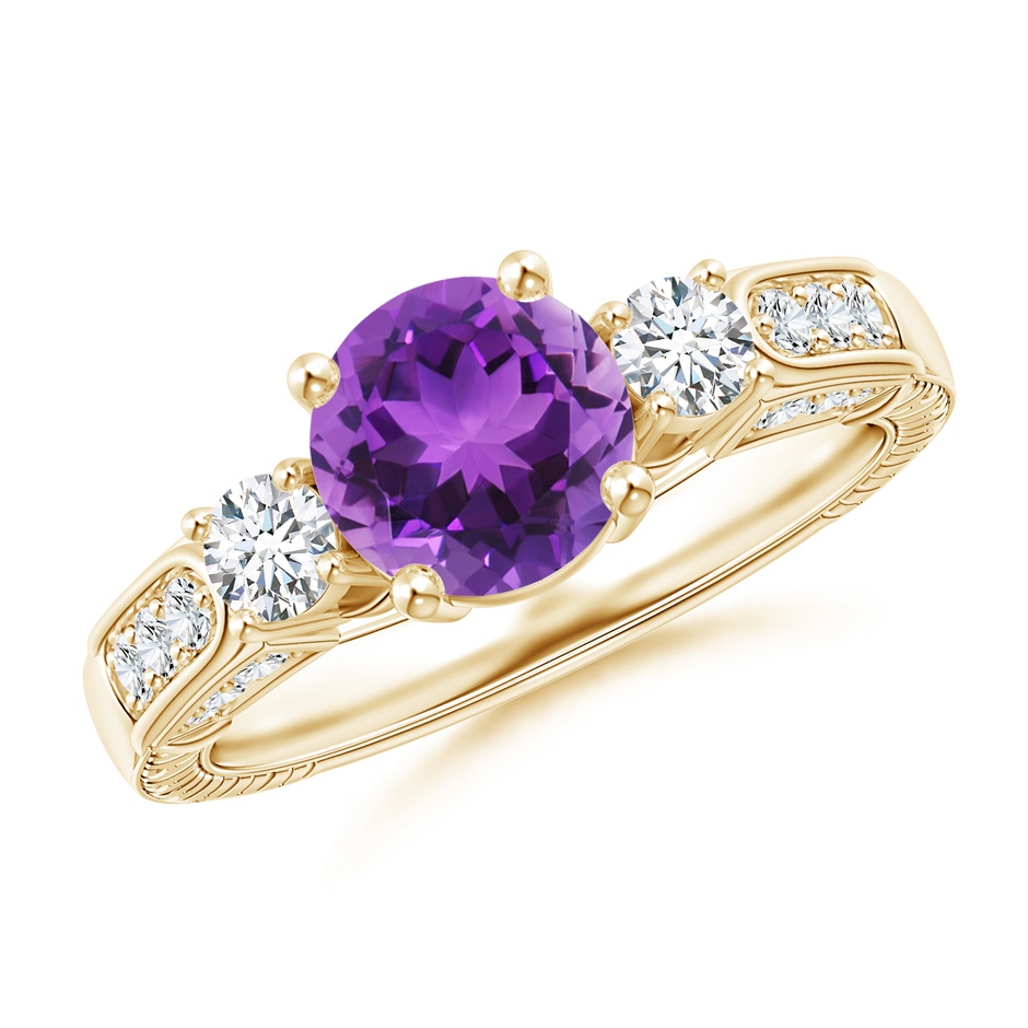 7mm AAA Three Stone Round Amethyst and Diamond Ring in Yellow Gold 