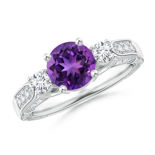 7mm AAAA Three Stone Round Amethyst and Diamond Ring in 9K White Gold