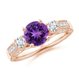 7mm AAAA Three Stone Round Amethyst and Diamond Ring in Rose Gold