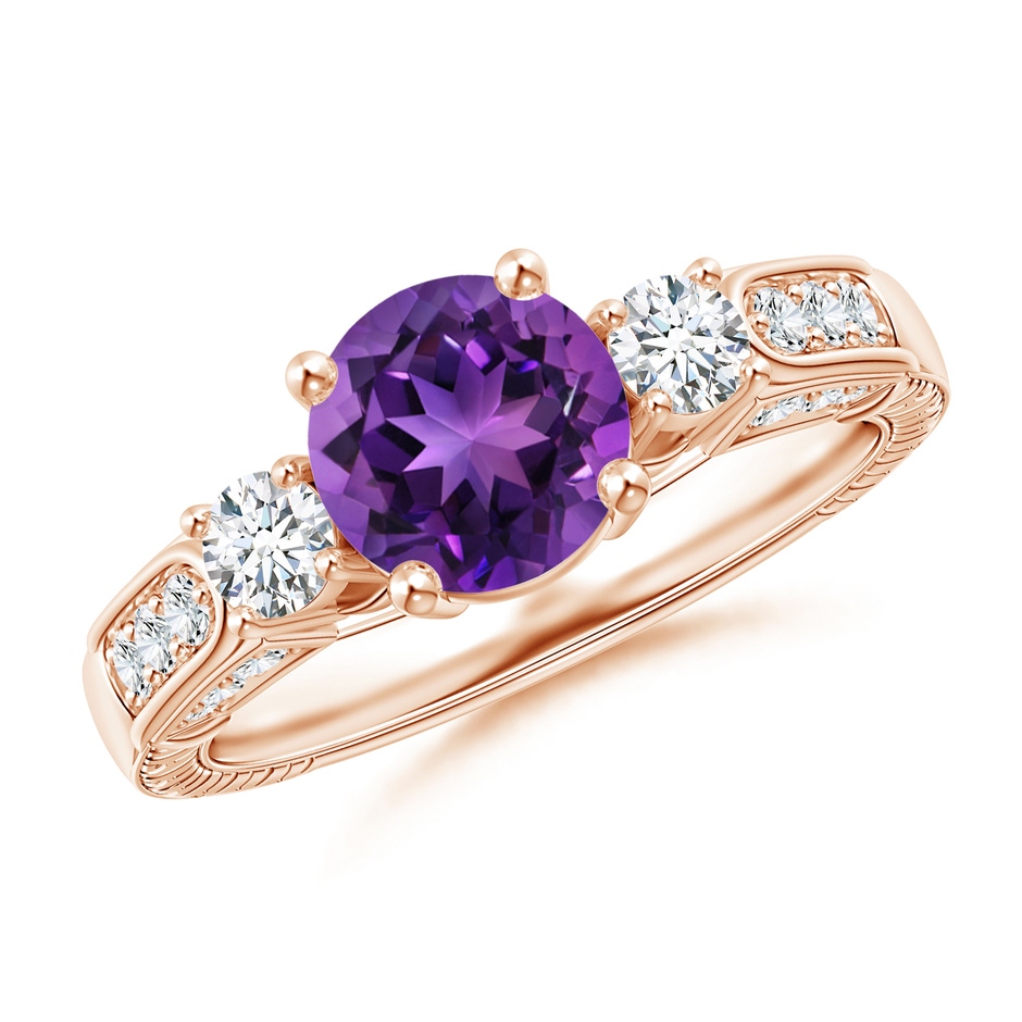 7mm AAAA Three Stone Round Amethyst and Diamond Ring in Rose Gold 