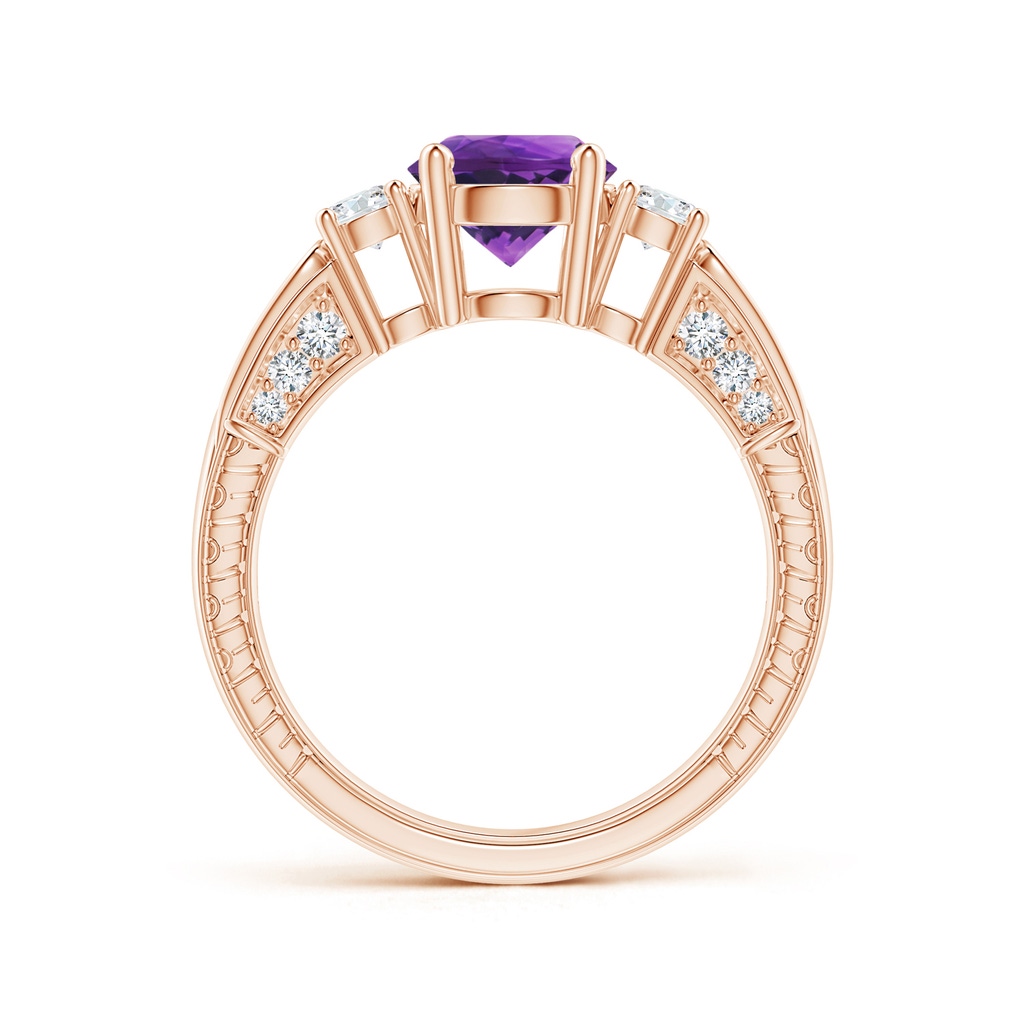 7mm AAAA Three Stone Round Amethyst and Diamond Ring in Rose Gold Side-1