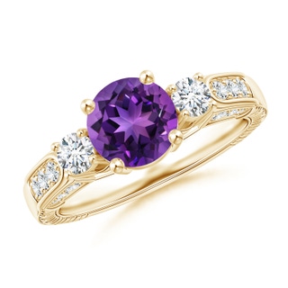 7mm AAAA Three Stone Round Amethyst and Diamond Ring in Yellow Gold