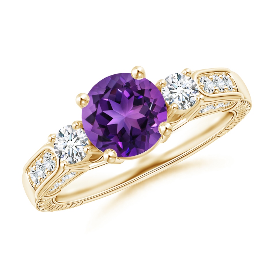 7mm AAAA Three Stone Round Amethyst and Diamond Ring in Yellow Gold 