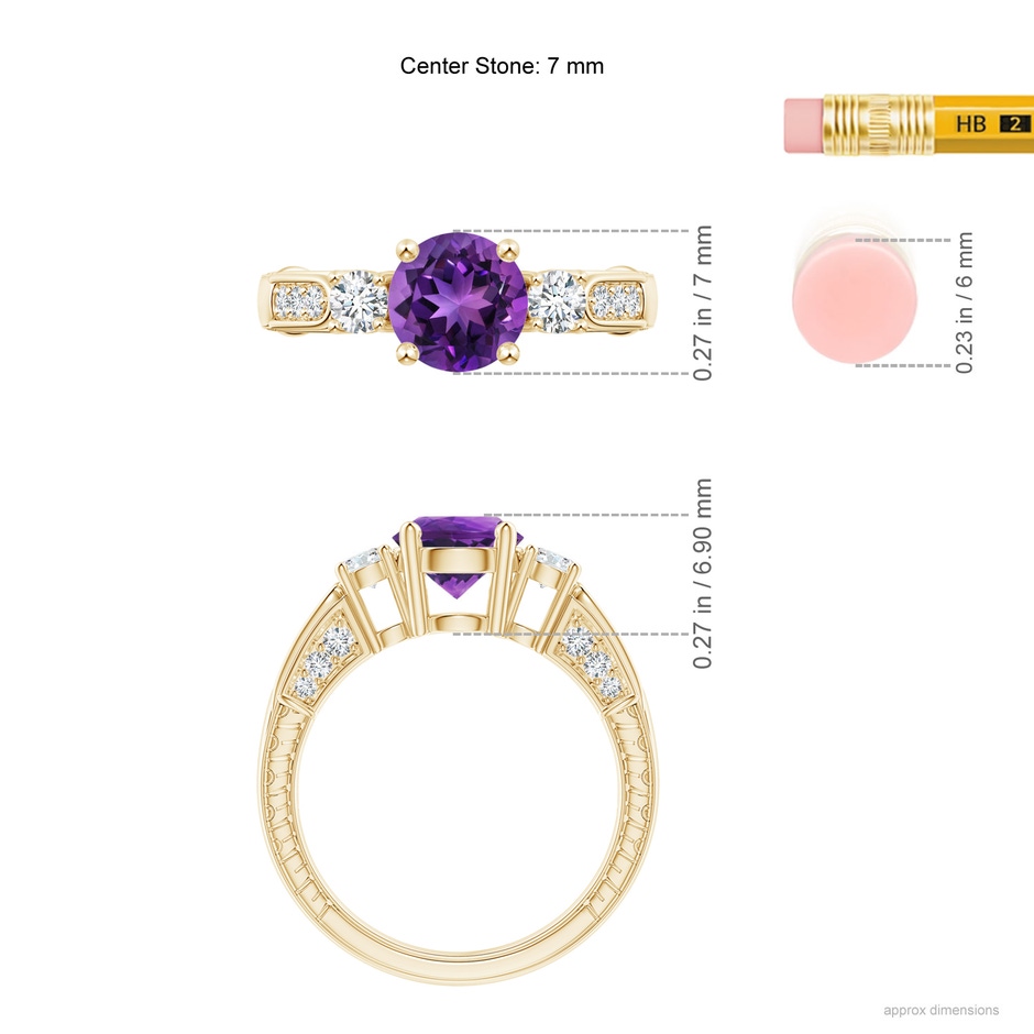 7mm AAAA Three Stone Round Amethyst and Diamond Ring in Yellow Gold ruler