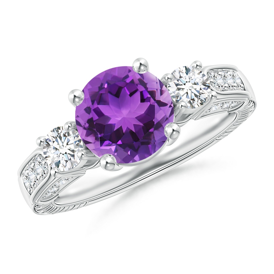 8mm AAA Three Stone Round Amethyst and Diamond Ring in P950 Platinum 