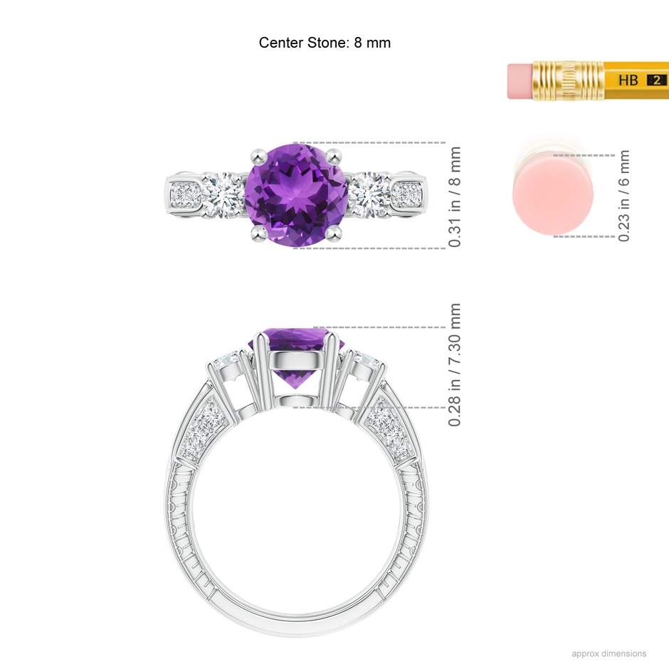 8mm AAA Three Stone Round Amethyst and Diamond Ring in P950 Platinum ruler