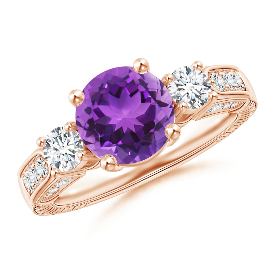 8mm AAA Three Stone Round Amethyst and Diamond Ring in Rose Gold 