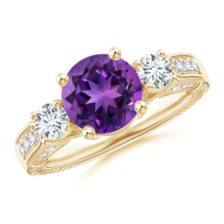 8mm AAAA Three Stone Round Amethyst and Diamond Ring in 9K Yellow Gold