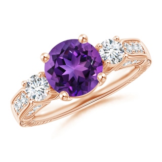8mm AAAA Three Stone Round Amethyst and Diamond Ring in Rose Gold