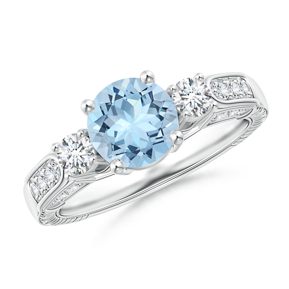 7mm AAA Three Stone Round Aquamarine and Diamond Ring in P950 Platinum 