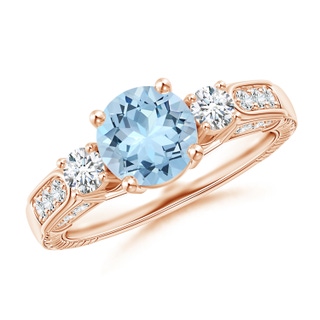 7mm AAA Three Stone Round Aquamarine and Diamond Ring in Rose Gold