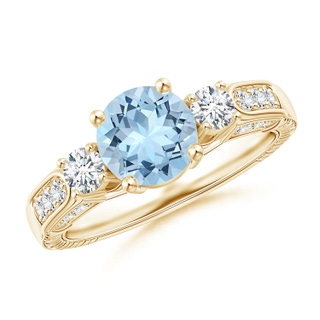 7mm AAA Three Stone Round Aquamarine and Diamond Ring in Yellow Gold