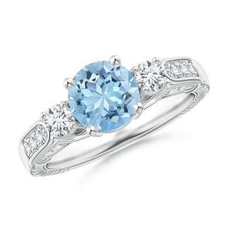 7mm AAAA Three Stone Round Aquamarine and Diamond Ring in P950 Platinum