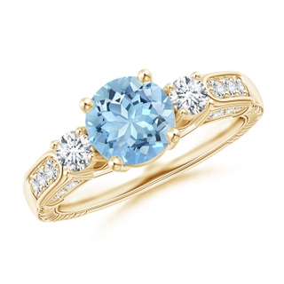 7mm AAAA Three Stone Round Aquamarine and Diamond Ring in Yellow Gold