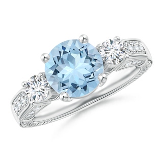 8mm AAA Three Stone Round Aquamarine and Diamond Ring in P950 Platinum