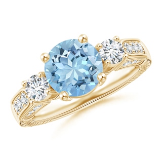 8mm AAAA Three Stone Round Aquamarine and Diamond Ring in 9K Yellow Gold