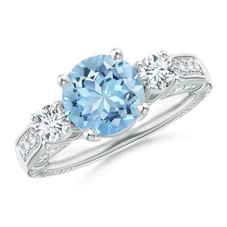 8mm AAAA Three Stone Round Aquamarine and Diamond Ring in P950 Platinum