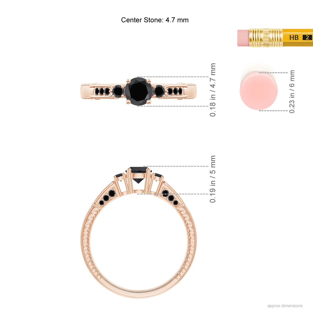 4.7mm AA Three Stone Round Black Diamond Ring in Rose Gold Ruler