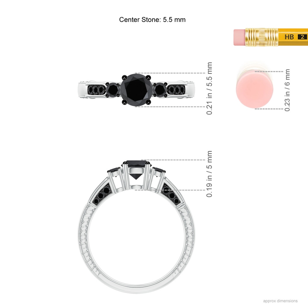 5.5mm AA Three Stone Round Black Diamond Ring in White Gold Ruler