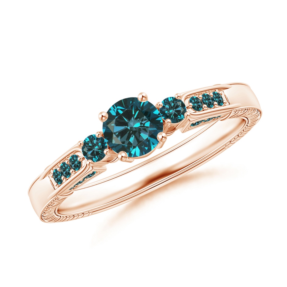 4.7mm AA Three Stone Round Blue Diamond Ring in Rose Gold 