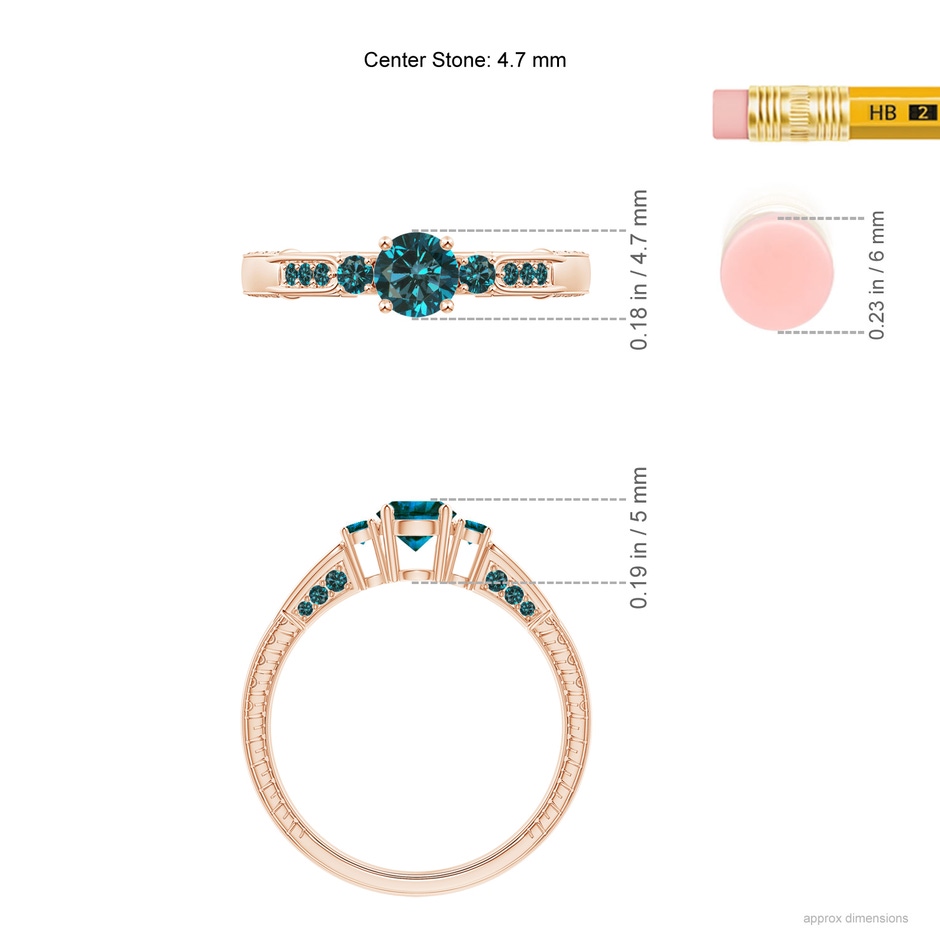 4.7mm AA Three Stone Round Blue Diamond Ring in Rose Gold ruler