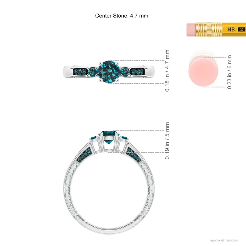 4.7mm AA Three Stone Round Blue Diamond Ring in White Gold ruler