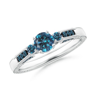 4.7mm AAA Three Stone Round Blue Diamond Ring in 9K White Gold