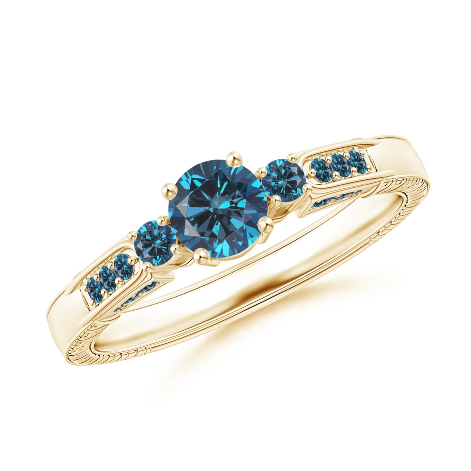 4.7mm AAA Three Stone Round Blue Diamond Ring in Yellow Gold 