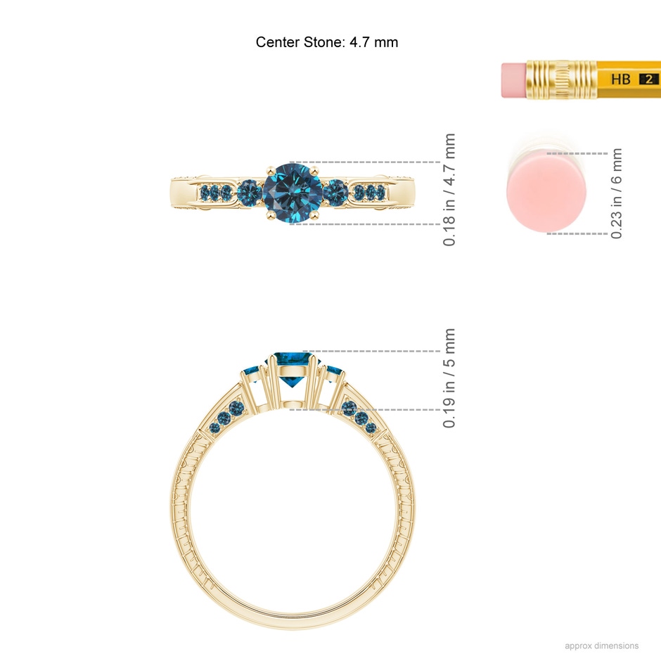 4.7mm AAA Three Stone Round Blue Diamond Ring in Yellow Gold ruler