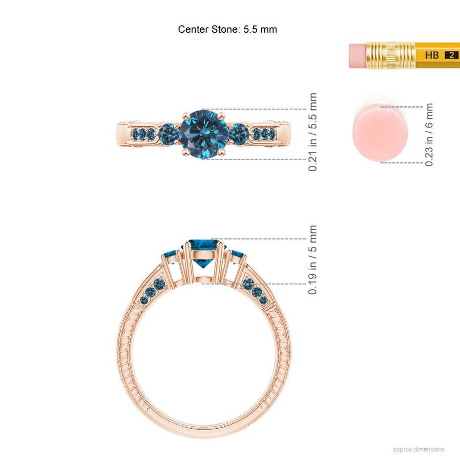 5.5mm AAA Three Stone Round Blue Diamond Ring in Rose Gold ruler