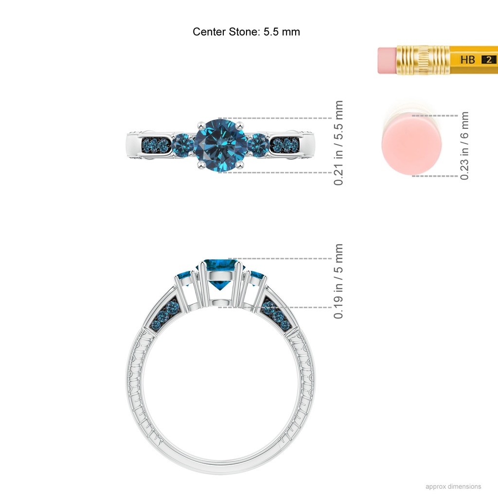 5.5mm AAA Three Stone Round Blue Diamond Ring in White Gold Ruler