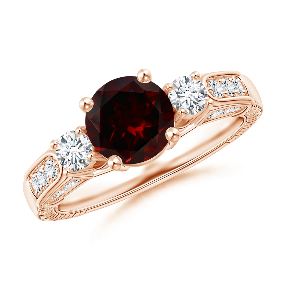 7mm A Three Stone Round Garnet and Diamond Ring in Rose Gold 
