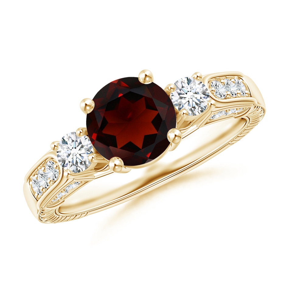 7mm AA Three Stone Round Garnet and Diamond Ring in Yellow Gold 