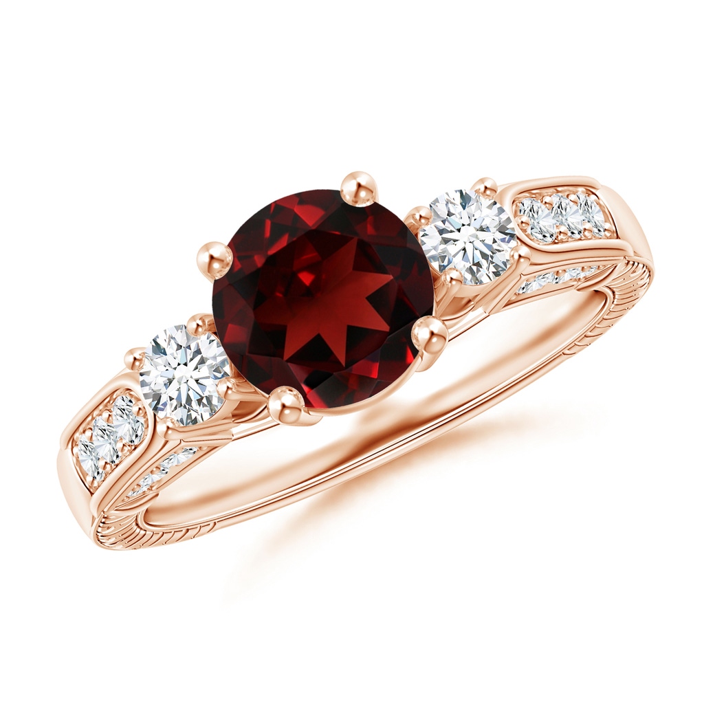 7mm AAA Three Stone Round Garnet and Diamond Ring in Rose Gold