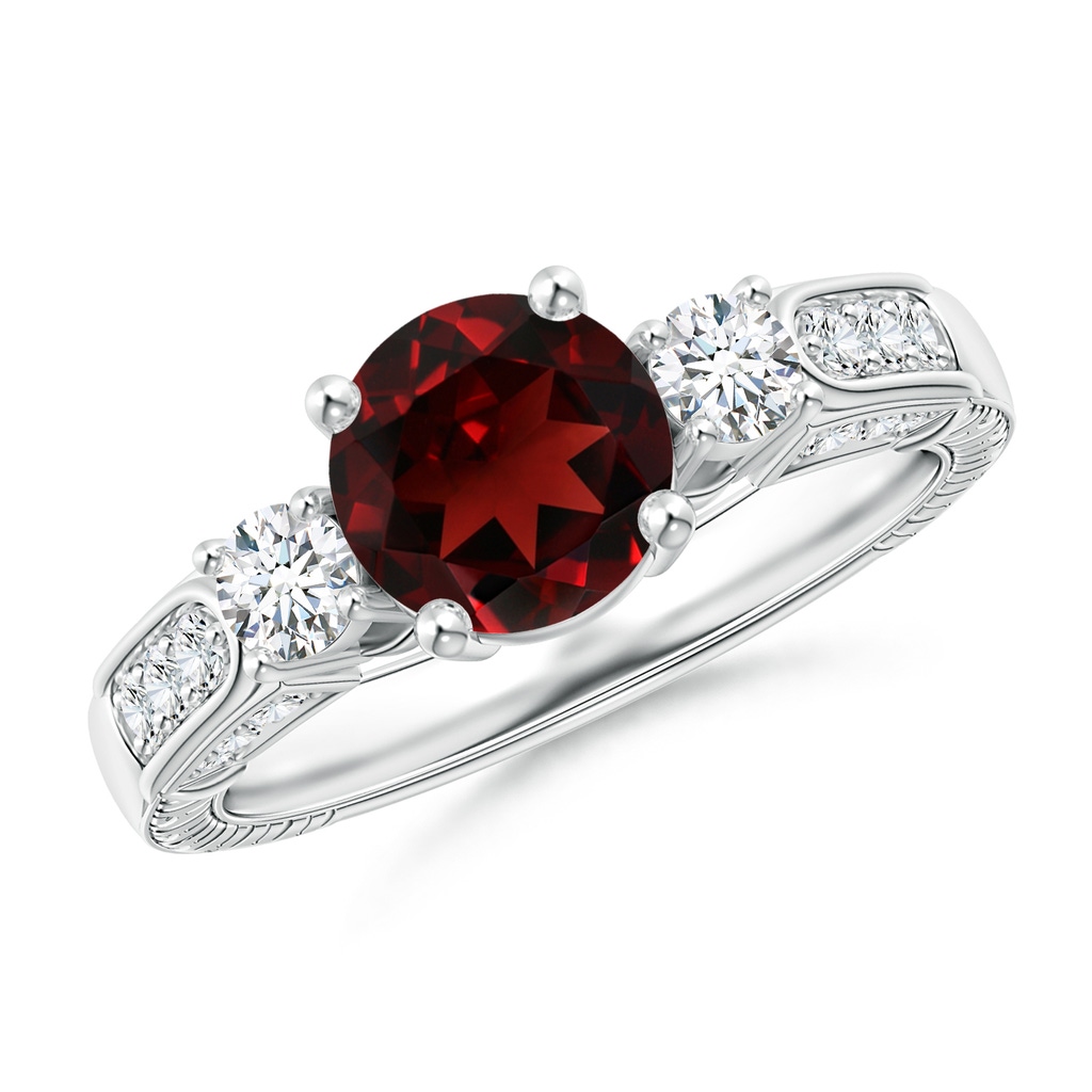 7mm AAA Three Stone Round Garnet and Diamond Ring in White Gold