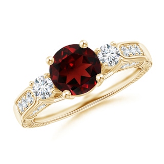 7mm AAA Three Stone Round Garnet and Diamond Ring in Yellow Gold