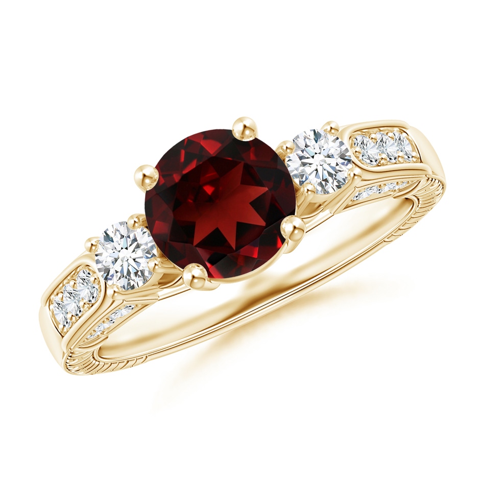 7mm AAA Three Stone Round Garnet and Diamond Ring in Yellow Gold 