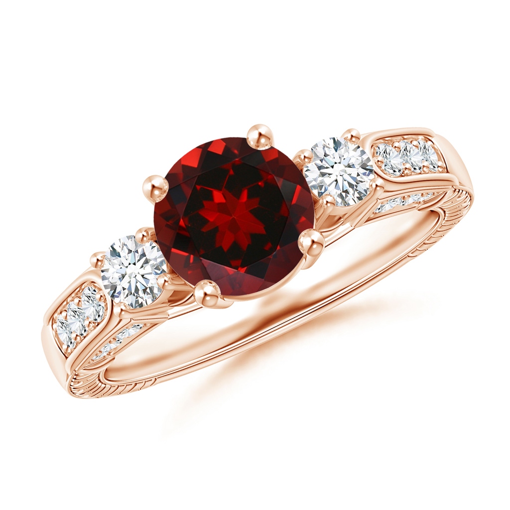 7mm AAAA Three Stone Round Garnet and Diamond Ring in Rose Gold