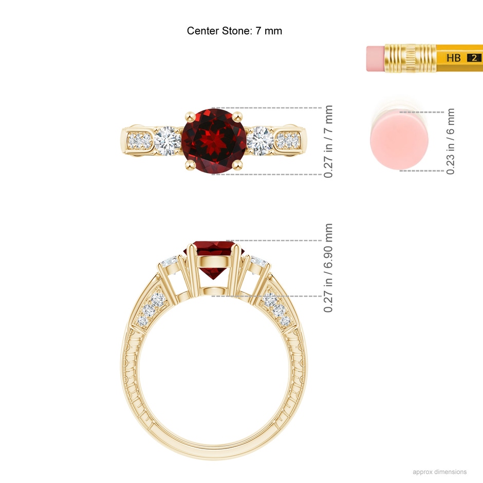 7mm AAAA Three Stone Round Garnet and Diamond Ring in Yellow Gold ruler