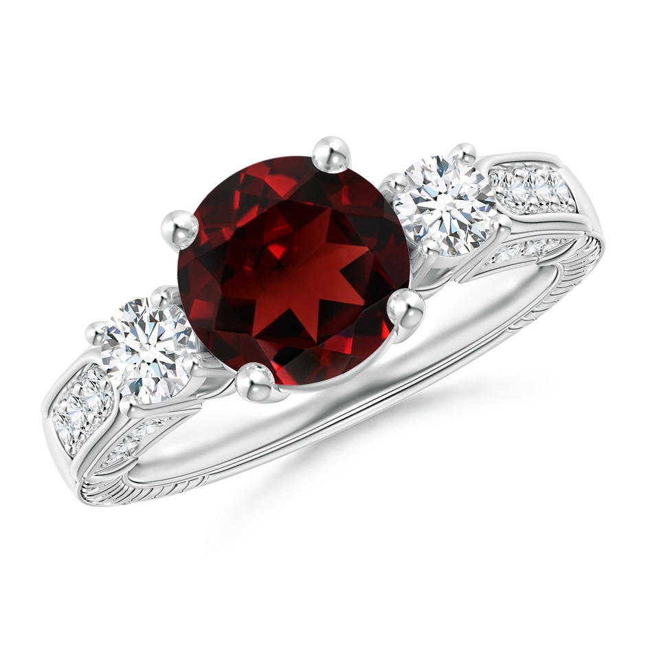 8mm AAA Three Stone Round Garnet and Diamond Ring in White Gold 