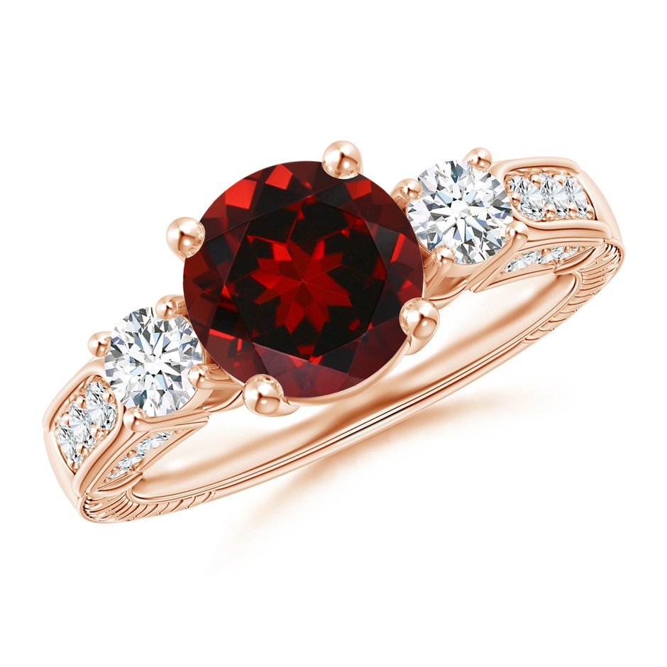 8mm AAAA Three Stone Round Garnet and Diamond Ring in Rose Gold 
