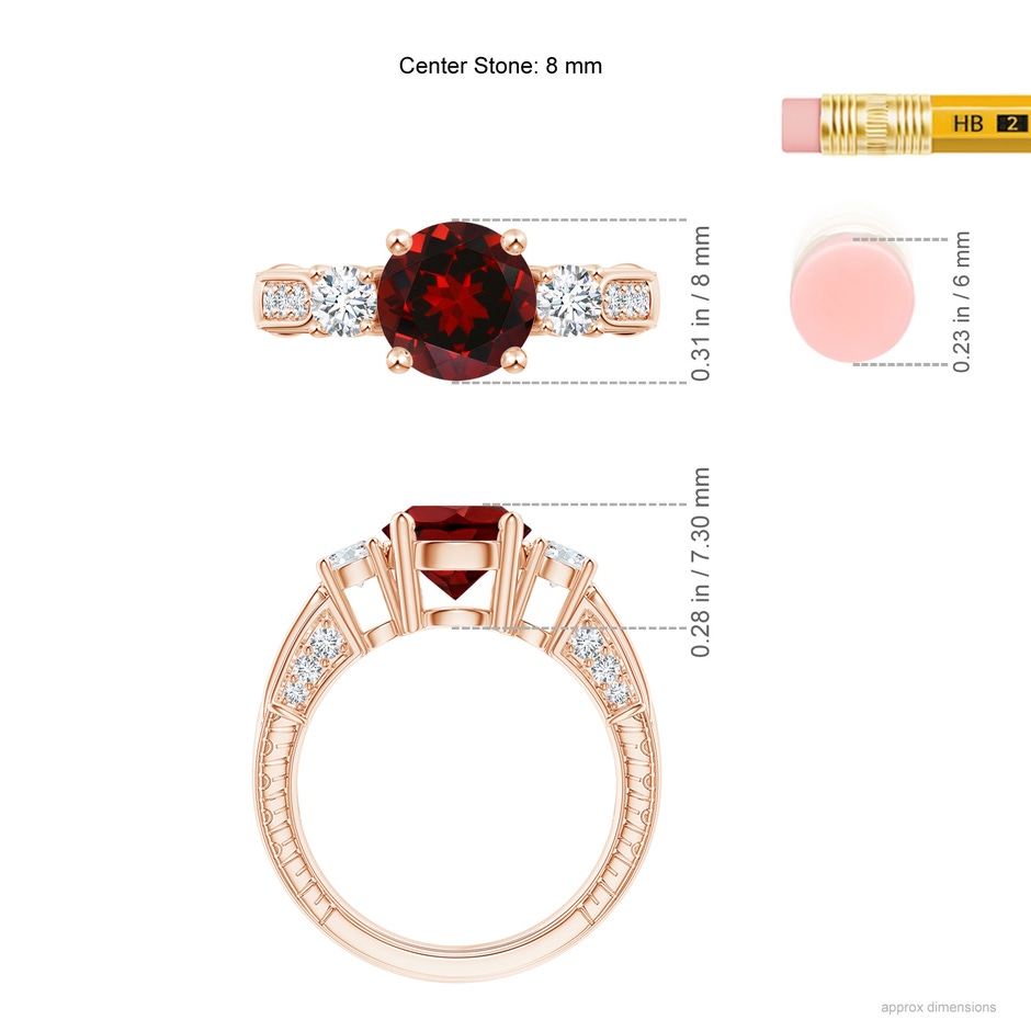 8mm AAAA Three Stone Round Garnet and Diamond Ring in Rose Gold ruler