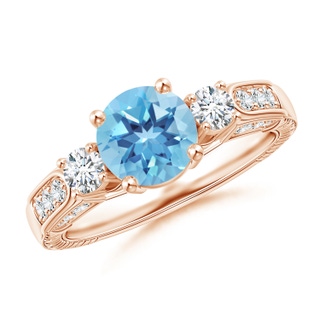 7mm A Three Stone Round Swiss Blue Topaz and Diamond Ring in Rose Gold