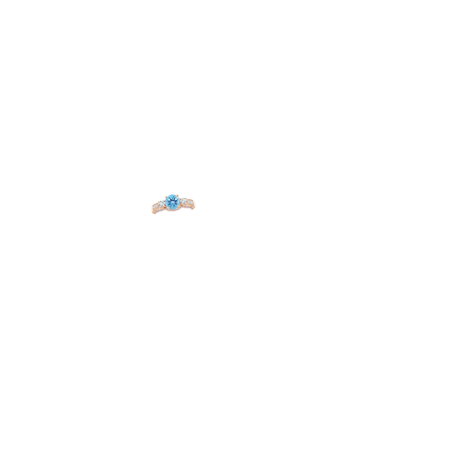 7mm A Three Stone Round Swiss Blue Topaz and Diamond Ring in Rose Gold body-hand
