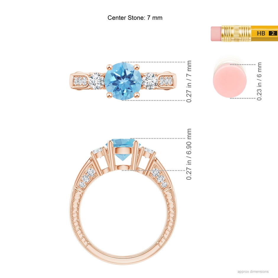 7mm A Three Stone Round Swiss Blue Topaz and Diamond Ring in Rose Gold ruler